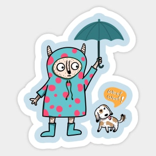 cute-looking monster is holding an umbrella for the dog in the outdoor while heavy rain Sticker